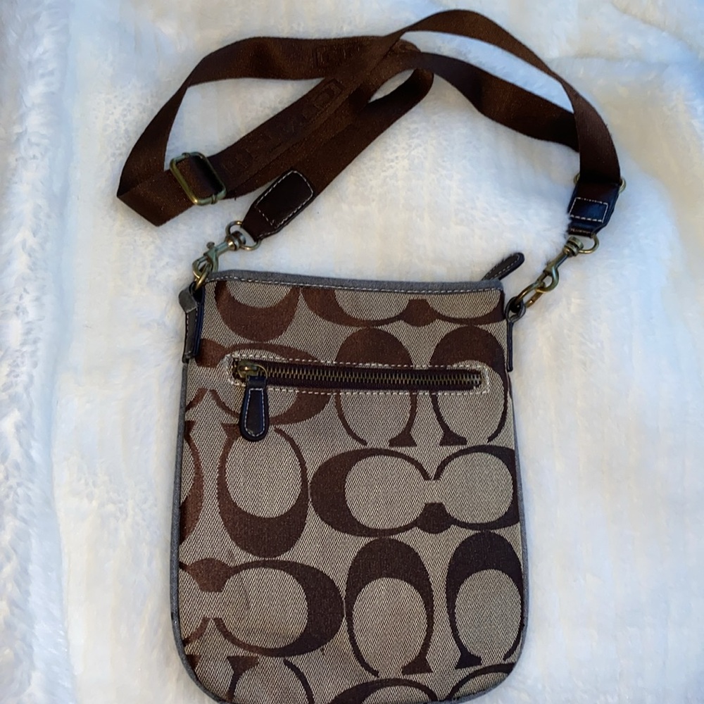 Coach Signature C Logo Brown Tan Canvas Leather Crossbody File Bag Messenger